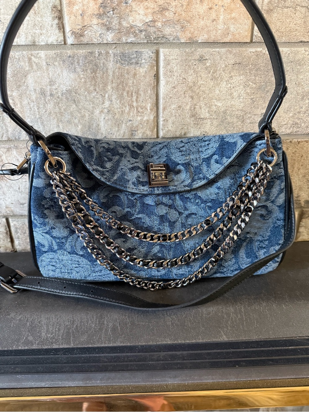 Karl Lagerfeld Denim Floral Jacquard Shoulder Bag with Chain Detail